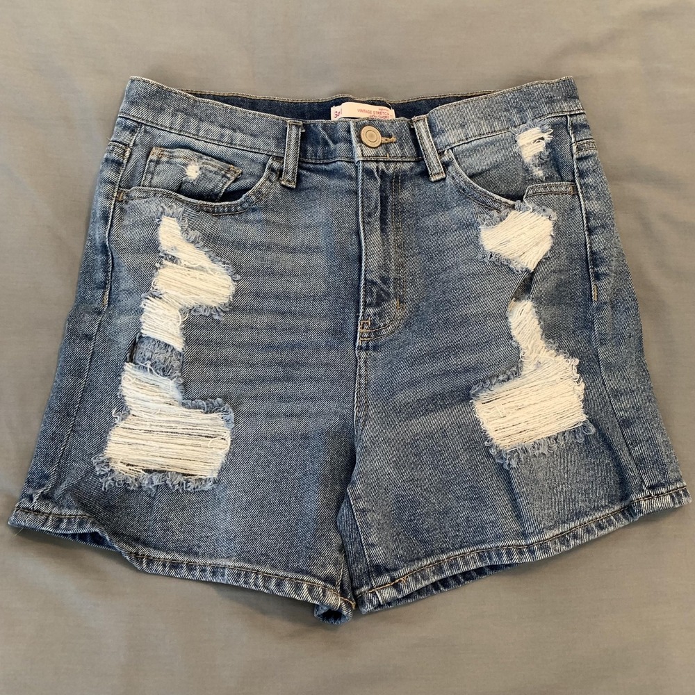 Shorts Womens Small Blue Denim High Rise Distressed Mom Stretch‎ Ripped Hemmed
